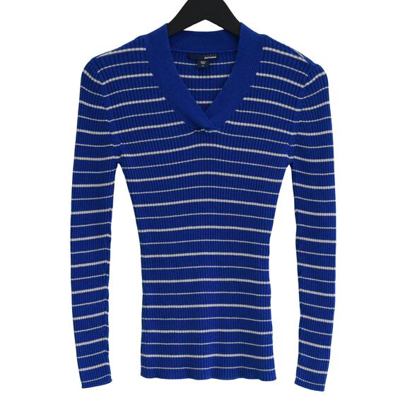 Blue Striped Ribbed Knit V-Neck Sweater - Long Sleeve Fitted Pullover - Picture 1 of 5